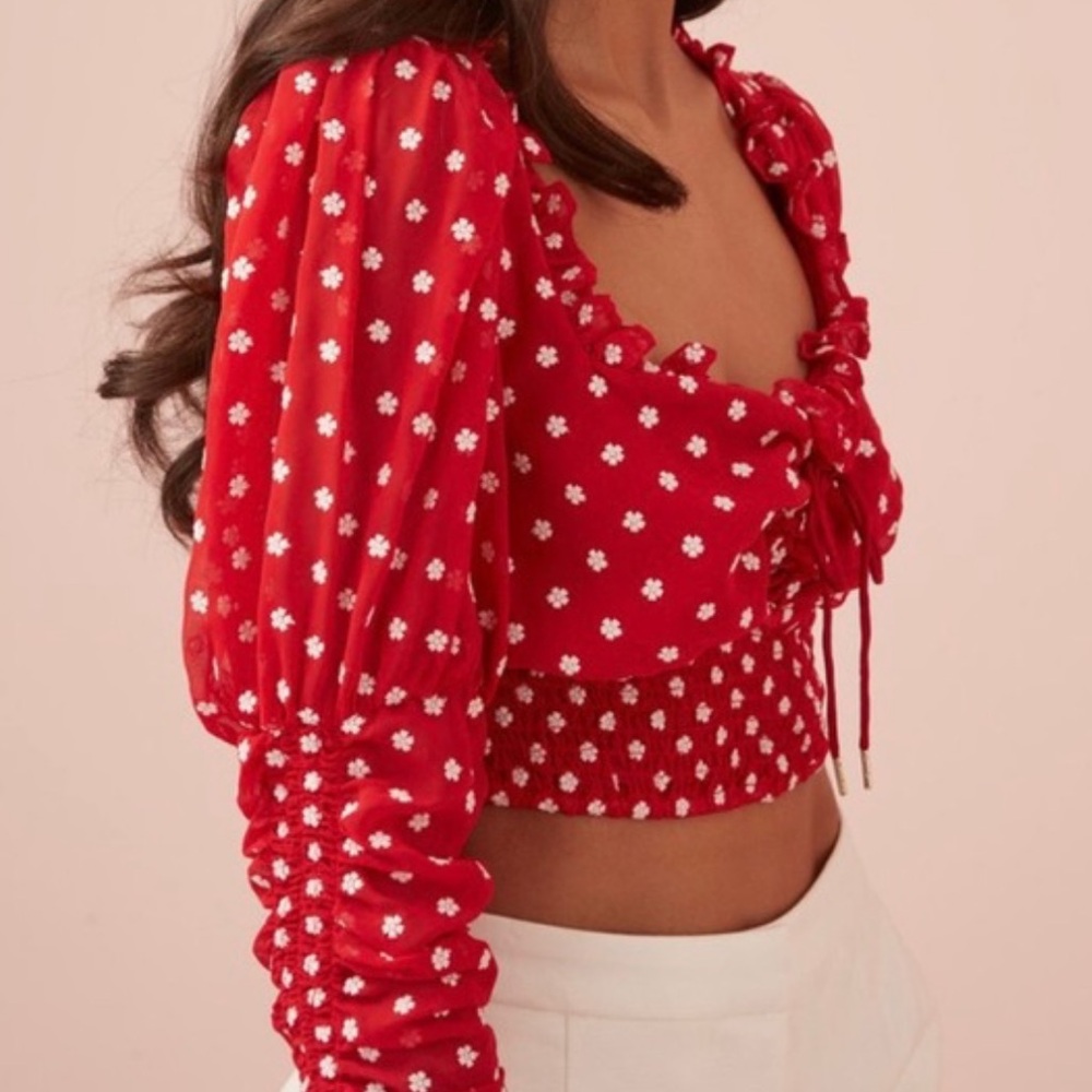 Finders Keepers Red & White Dotted Ruched Blouse